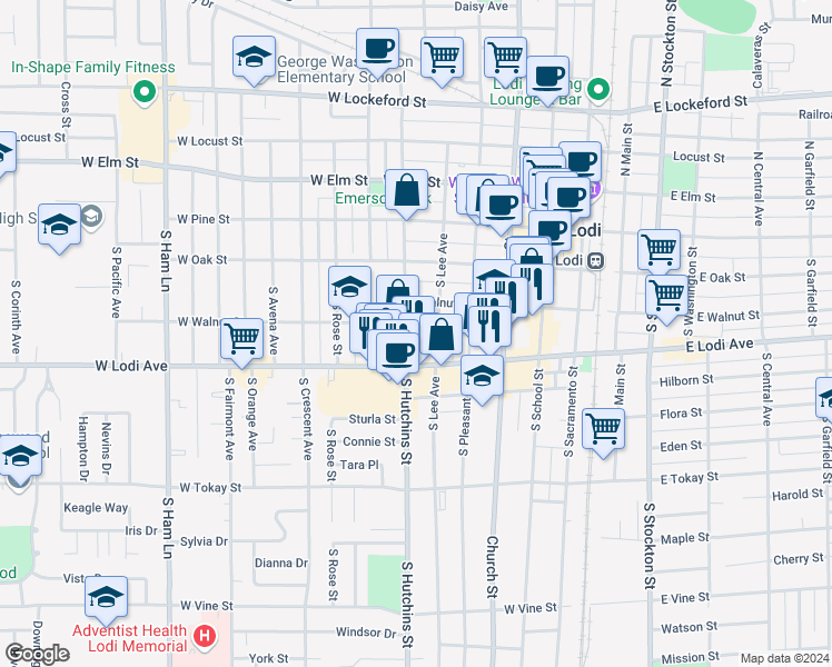 map of restaurants, bars, coffee shops, grocery stores, and more near 211 South Lee Avenue in Lodi