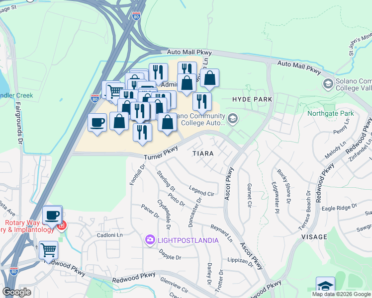 map of restaurants, bars, coffee shops, grocery stores, and more near 107 Turner Parkway in Vallejo