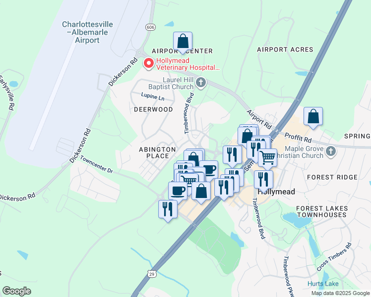map of restaurants, bars, coffee shops, grocery stores, and more near 1439 Timberwood Boulevard in Charlottesville