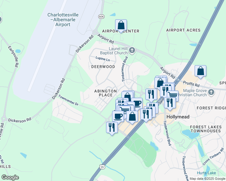 map of restaurants, bars, coffee shops, grocery stores, and more near 2333 Abington Drive in Charlottesville