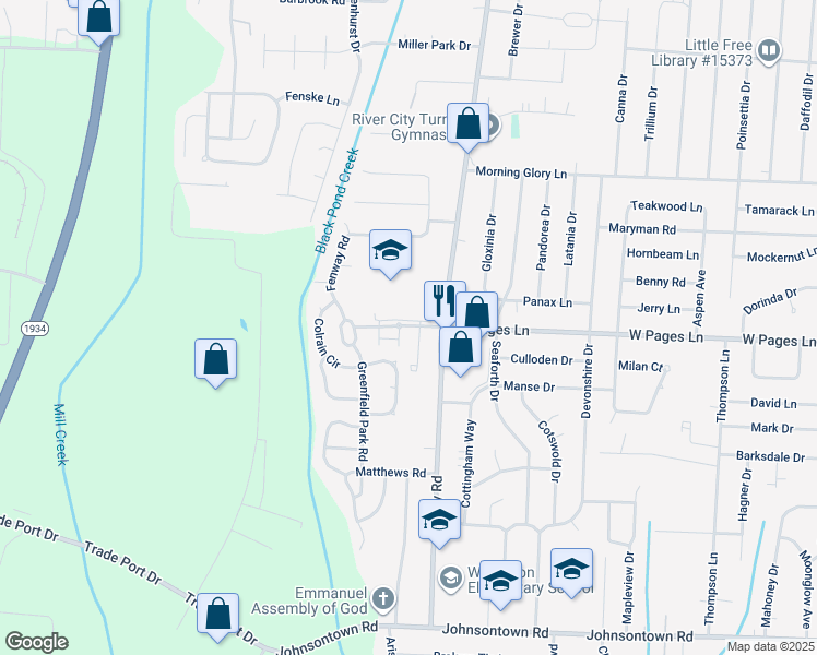 map of restaurants, bars, coffee shops, grocery stores, and more near 8318 Terry Road in Louisville
