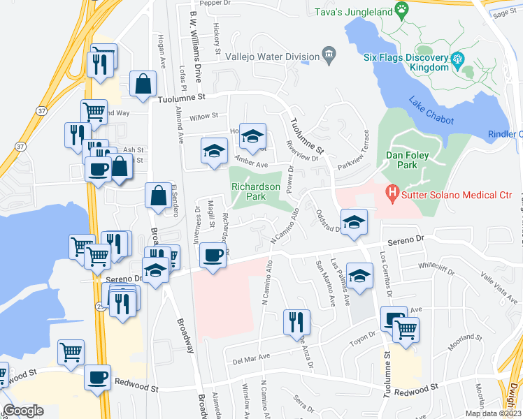 map of restaurants, bars, coffee shops, grocery stores, and more near 111 Somerset Court in Vallejo