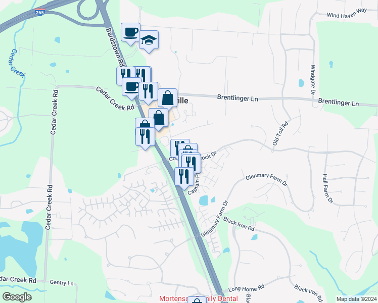 map of restaurants, bars, coffee shops, grocery stores, and more near 10009 Colonel Hancock Drive in Louisville