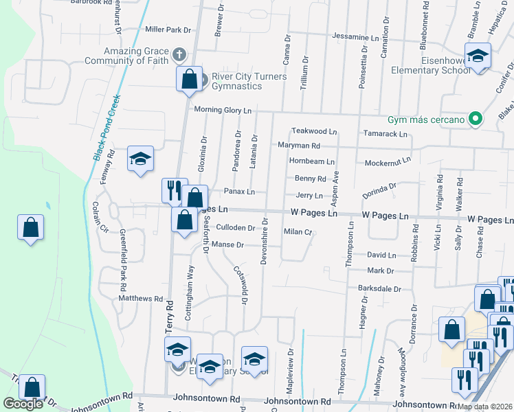 map of restaurants, bars, coffee shops, grocery stores, and more near 6103 West Pages Lane in Louisville