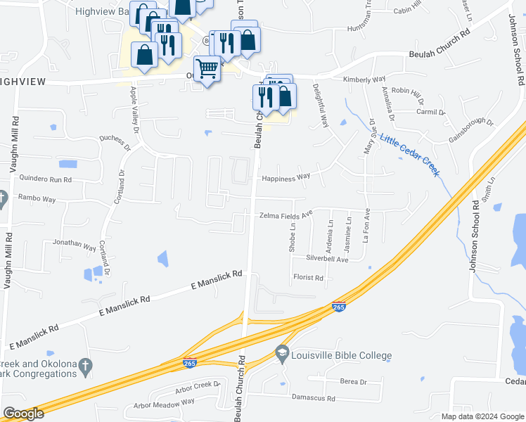 map of restaurants, bars, coffee shops, grocery stores, and more near 8003 Zelma Fields Avenue in Louisville