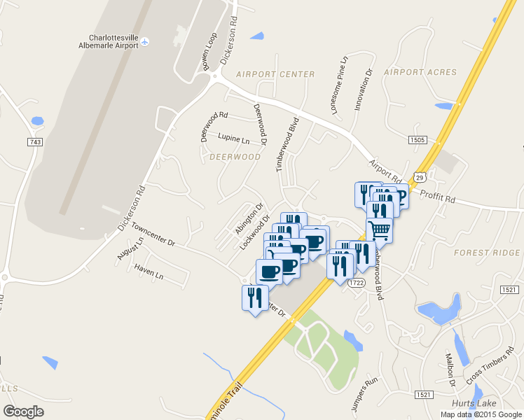 map of restaurants, bars, coffee shops, grocery stores, and more near 2325 Abington Drive in Charlottesville