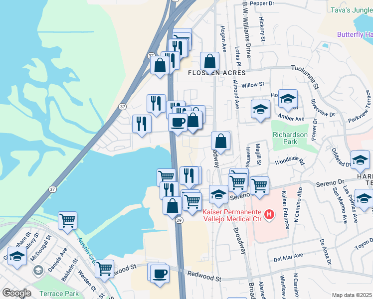 map of restaurants, bars, coffee shops, grocery stores, and more near 1801 Broadway Street in Vallejo
