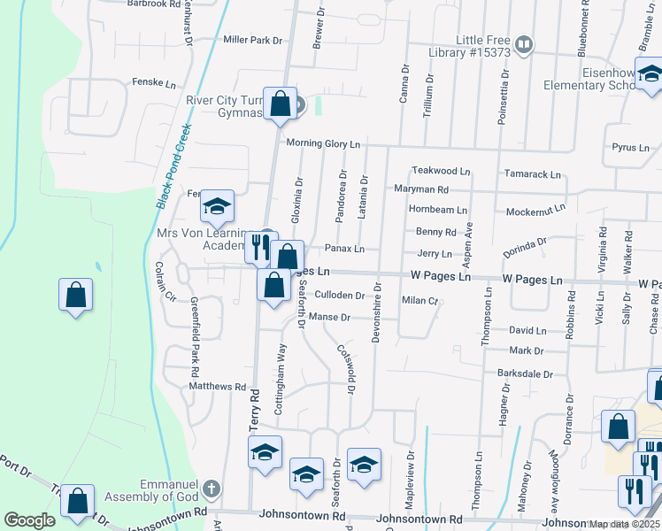 map of restaurants, bars, coffee shops, grocery stores, and more near 6114 Panax Lane in Louisville