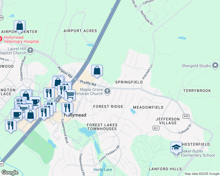 map of restaurants, bars, coffee shops, grocery stores, and more near 3201 Proffit Road in Charlottesville