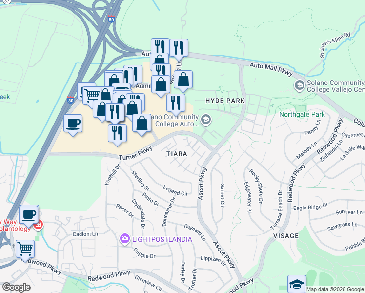 map of restaurants, bars, coffee shops, grocery stores, and more near 7104 Majestic Court in Vallejo