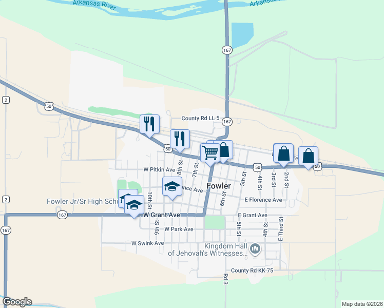 map of restaurants, bars, coffee shops, grocery stores, and more near 100-198 7th St in Fowler