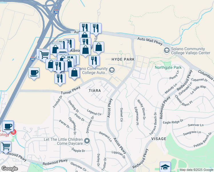 map of restaurants, bars, coffee shops, grocery stores, and more near 7712 Crown Heights Court in Vallejo