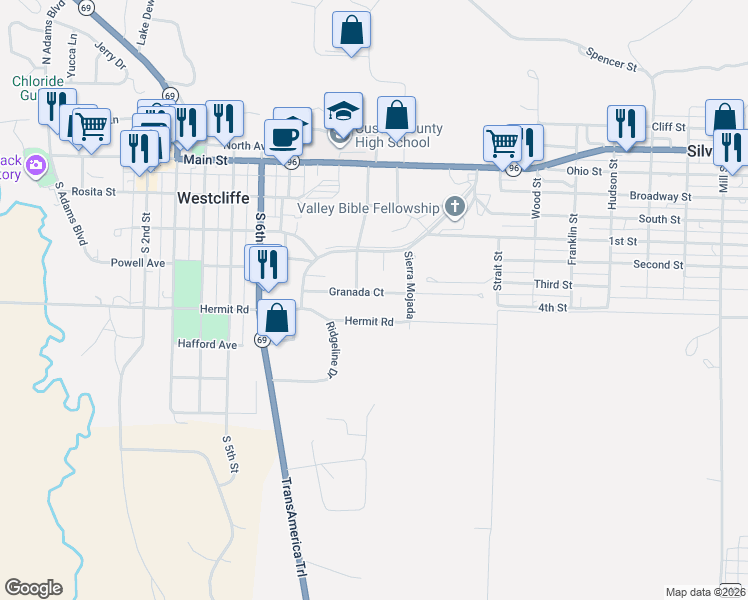 map of restaurants, bars, coffee shops, grocery stores, and more near 20 Granada Court in Westcliffe