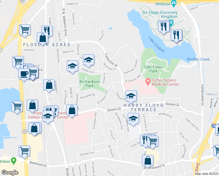 map of restaurants, bars, coffee shops, grocery stores, and more near 165 Oddstad Drive in Vallejo