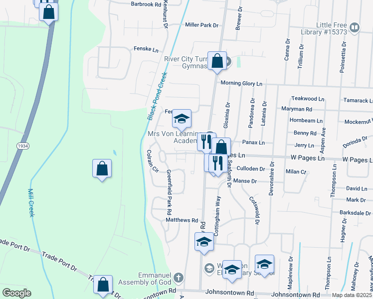 map of restaurants, bars, coffee shops, grocery stores, and more near 6815 West Pages Lane in Louisville