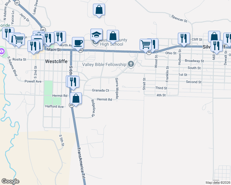 map of restaurants, bars, coffee shops, grocery stores, and more near 30 Granada Court in Westcliffe