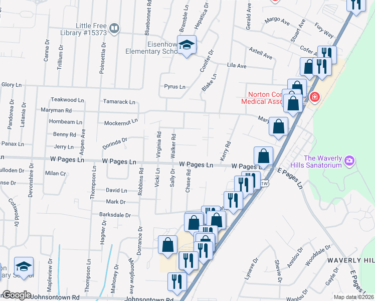 map of restaurants, bars, coffee shops, grocery stores, and more near 5298 Julia Road in Louisville