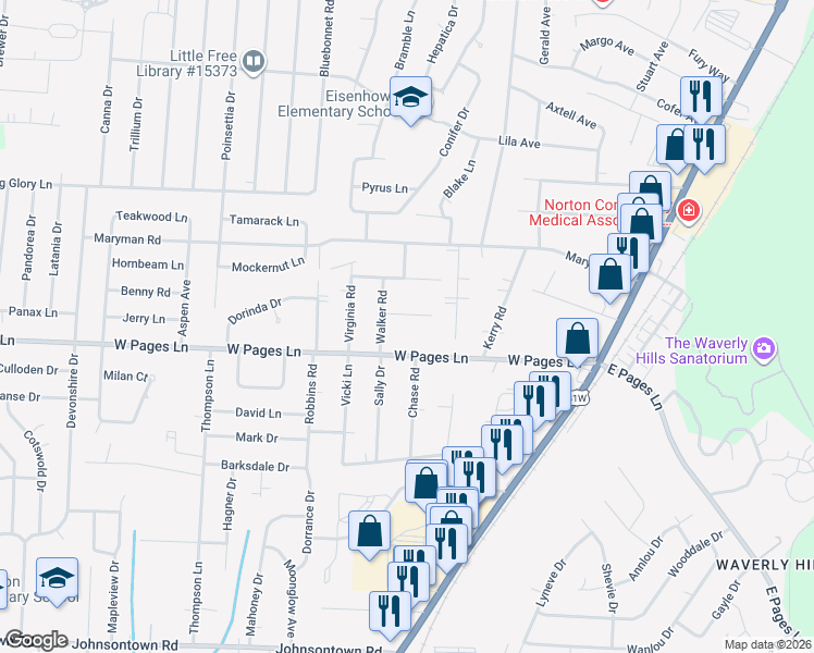 map of restaurants, bars, coffee shops, grocery stores, and more near 5298 Julia Road in Louisville