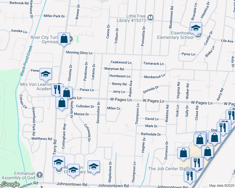 map of restaurants, bars, coffee shops, grocery stores, and more near 5810 Jerry Ln in Louisville