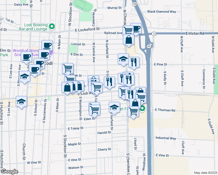 map of restaurants, bars, coffee shops, grocery stores, and more near 212 South Garfield Street in Lodi