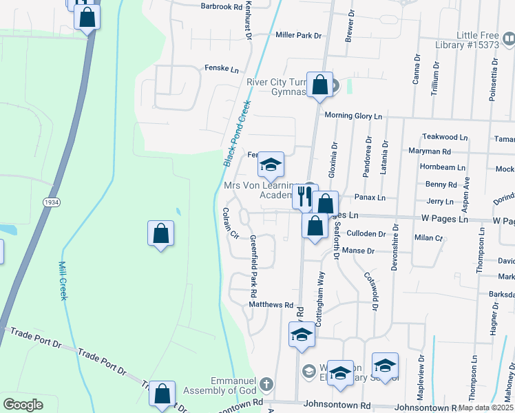 map of restaurants, bars, coffee shops, grocery stores, and more near 6815 West Pages Lane in Louisville
