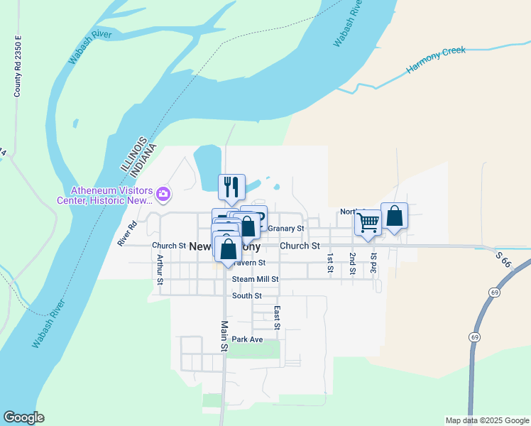 map of restaurants, bars, coffee shops, grocery stores, and more near New Harmony Bypass in New Harmony