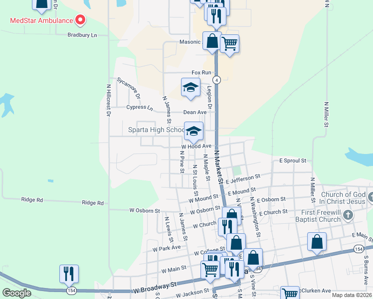 map of restaurants, bars, coffee shops, grocery stores, and more near 300 West Hood Avenue in Sparta