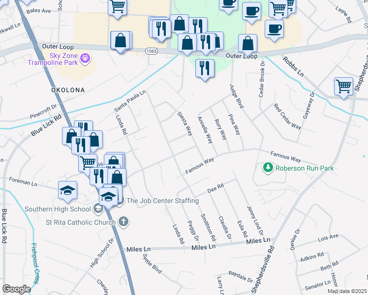 map of restaurants, bars, coffee shops, grocery stores, and more near 4707 Saint Rita Drive in Louisville