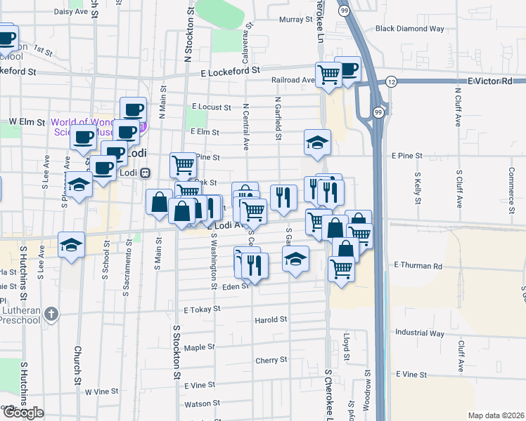 map of restaurants, bars, coffee shops, grocery stores, and more near 416 East Walnut Street in Lodi