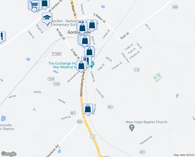 map of restaurants, bars, coffee shops, grocery stores, and more near 118 Charles Street in Gordonsville