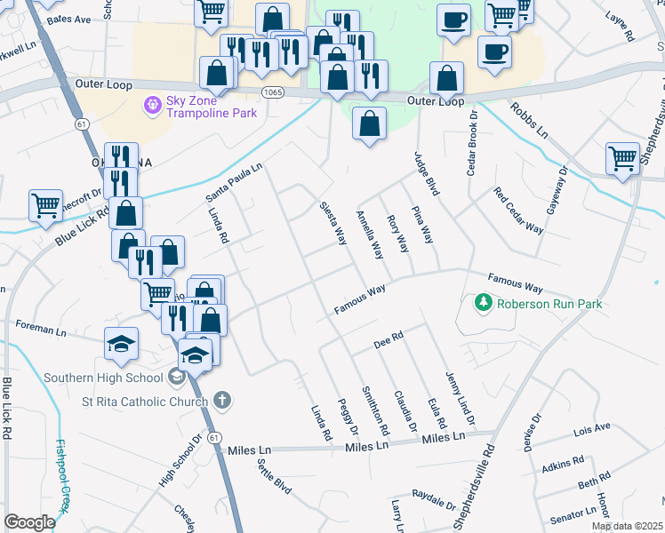 map of restaurants, bars, coffee shops, grocery stores, and more near 4707 Saint Rita Drive in Louisville