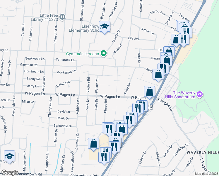 map of restaurants, bars, coffee shops, grocery stores, and more near 5246 Julia Road in Louisville