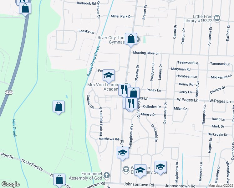 map of restaurants, bars, coffee shops, grocery stores, and more near 8318 Terry Road in Louisville