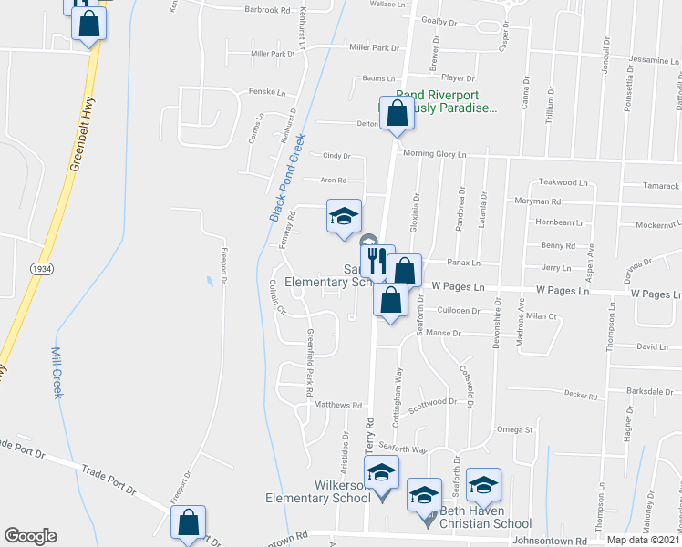 map of restaurants, bars, coffee shops, grocery stores, and more near 6815 West Pages Lane in Louisville