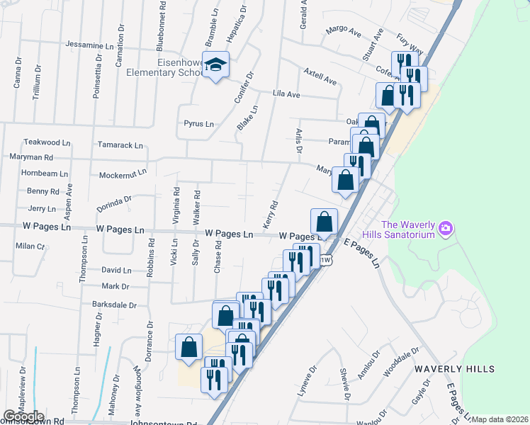 map of restaurants, bars, coffee shops, grocery stores, and more near 8210 Kerry Road in Louisville