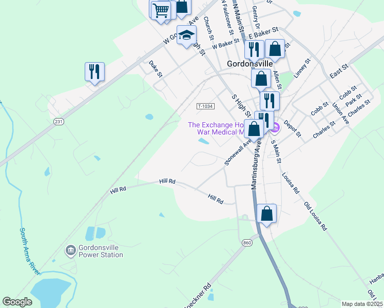 map of restaurants, bars, coffee shops, grocery stores, and more near 122 Jackson Street in Gordonsville