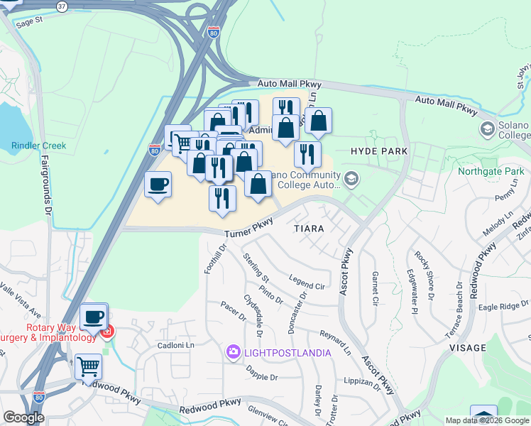 map of restaurants, bars, coffee shops, grocery stores, and more near 107 Turner Parkway in Vallejo
