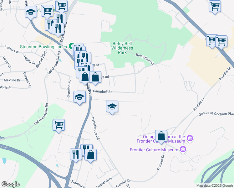 map of restaurants, bars, coffee shops, grocery stores, and more near 336 Campbell Street in Staunton