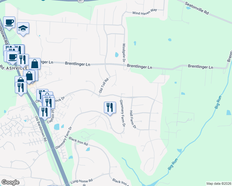 map of restaurants, bars, coffee shops, grocery stores, and more near 10511 Colonel Hancock Drive in Louisville