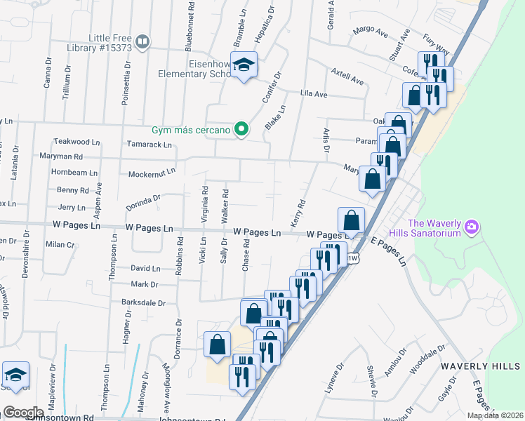 map of restaurants, bars, coffee shops, grocery stores, and more near 5246 Julia Road in Louisville