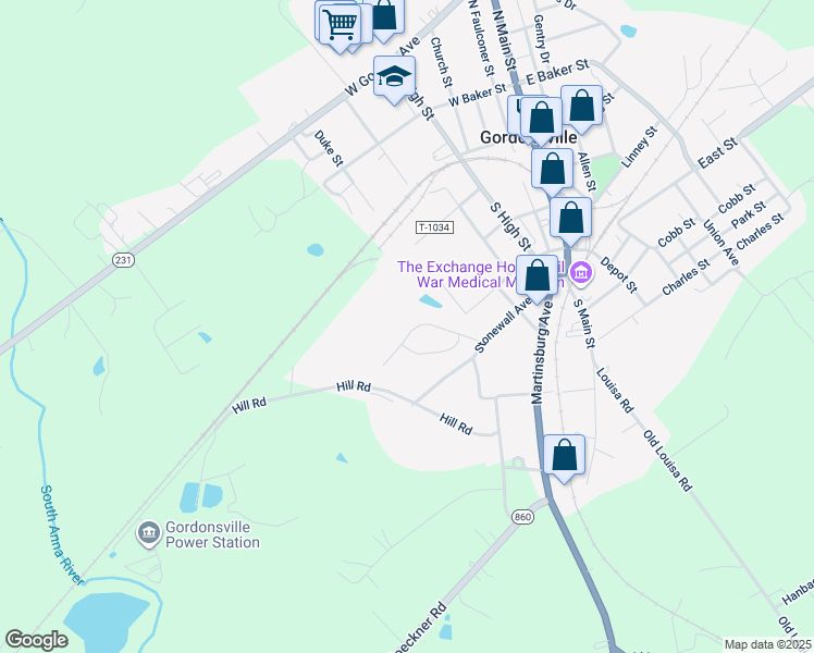 map of restaurants, bars, coffee shops, grocery stores, and more near 122 Jackson Street in Gordonsville