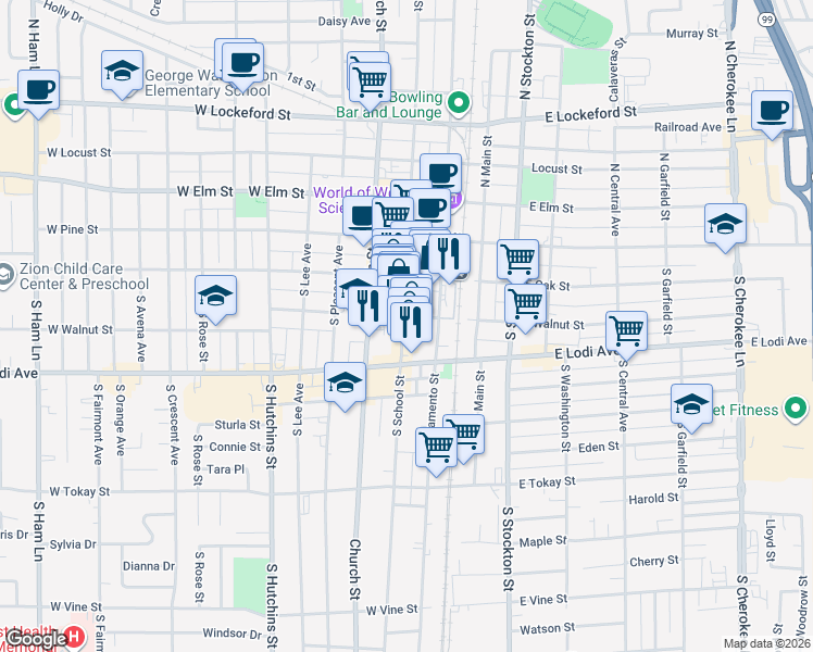 map of restaurants, bars, coffee shops, grocery stores, and more near 200 S School St in Lodi