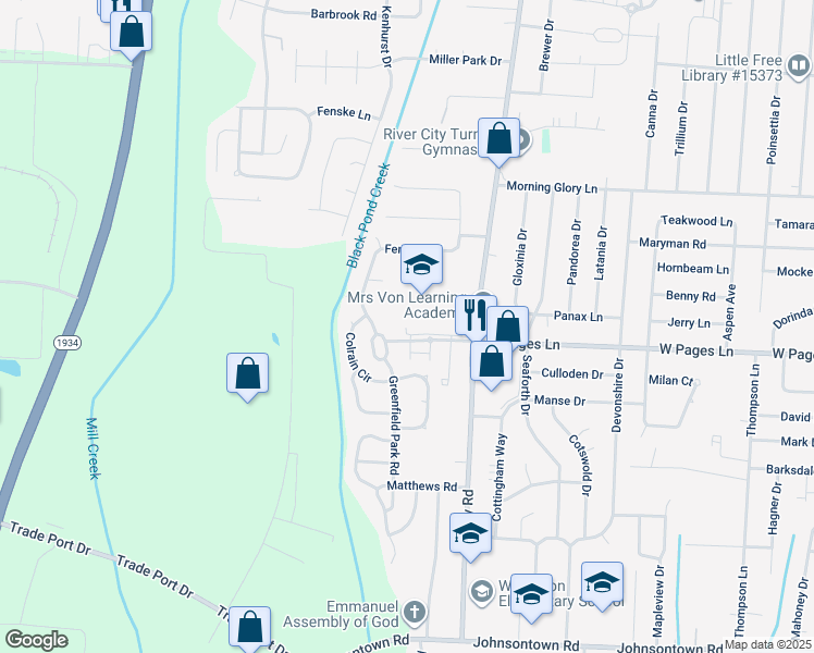 map of restaurants, bars, coffee shops, grocery stores, and more near 6815 West Pages Lane in Louisville