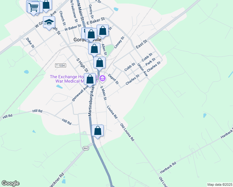 map of restaurants, bars, coffee shops, grocery stores, and more near 113 Charles Street in Gordonsville