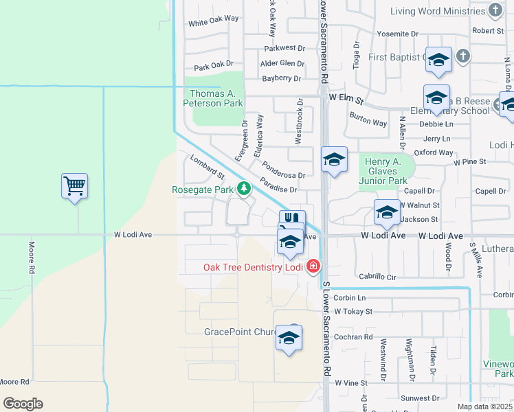 map of restaurants, bars, coffee shops, grocery stores, and more near 186 Cottage Lane in Lodi