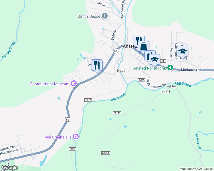 map of restaurants, bars, coffee shops, grocery stores, and more near 19527 Midland Trail in Ansted