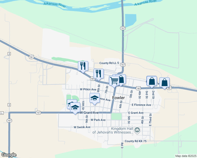 map of restaurants, bars, coffee shops, grocery stores, and more near 110 8th Street in Fowler