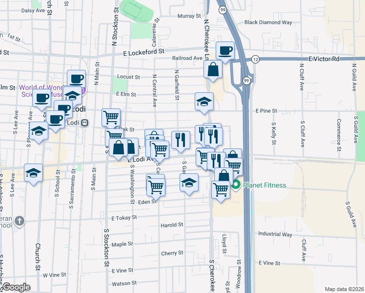 map of restaurants, bars, coffee shops, grocery stores, and more near 504 East Walnut Street in Lodi