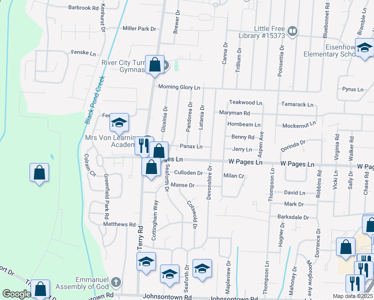 map of restaurants, bars, coffee shops, grocery stores, and more near 6114 Panax Ln in Louisville