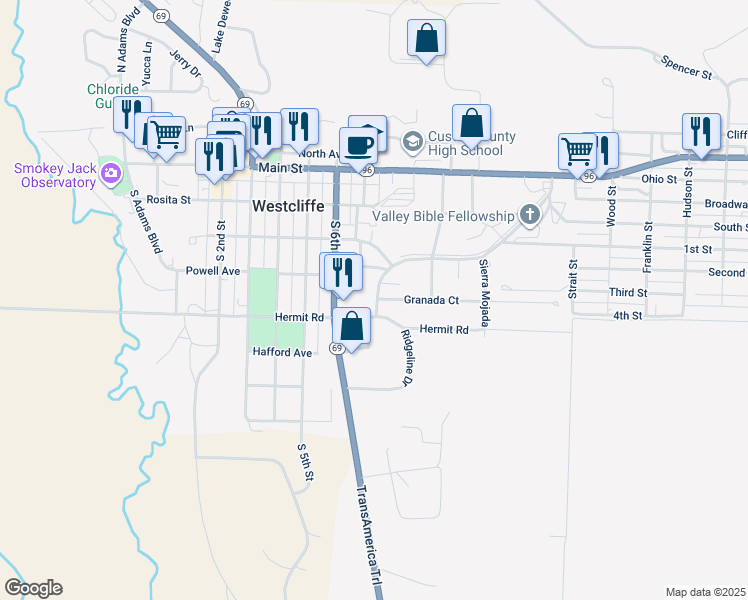map of restaurants, bars, coffee shops, grocery stores, and more near 101 Hermit Lane in Westcliffe